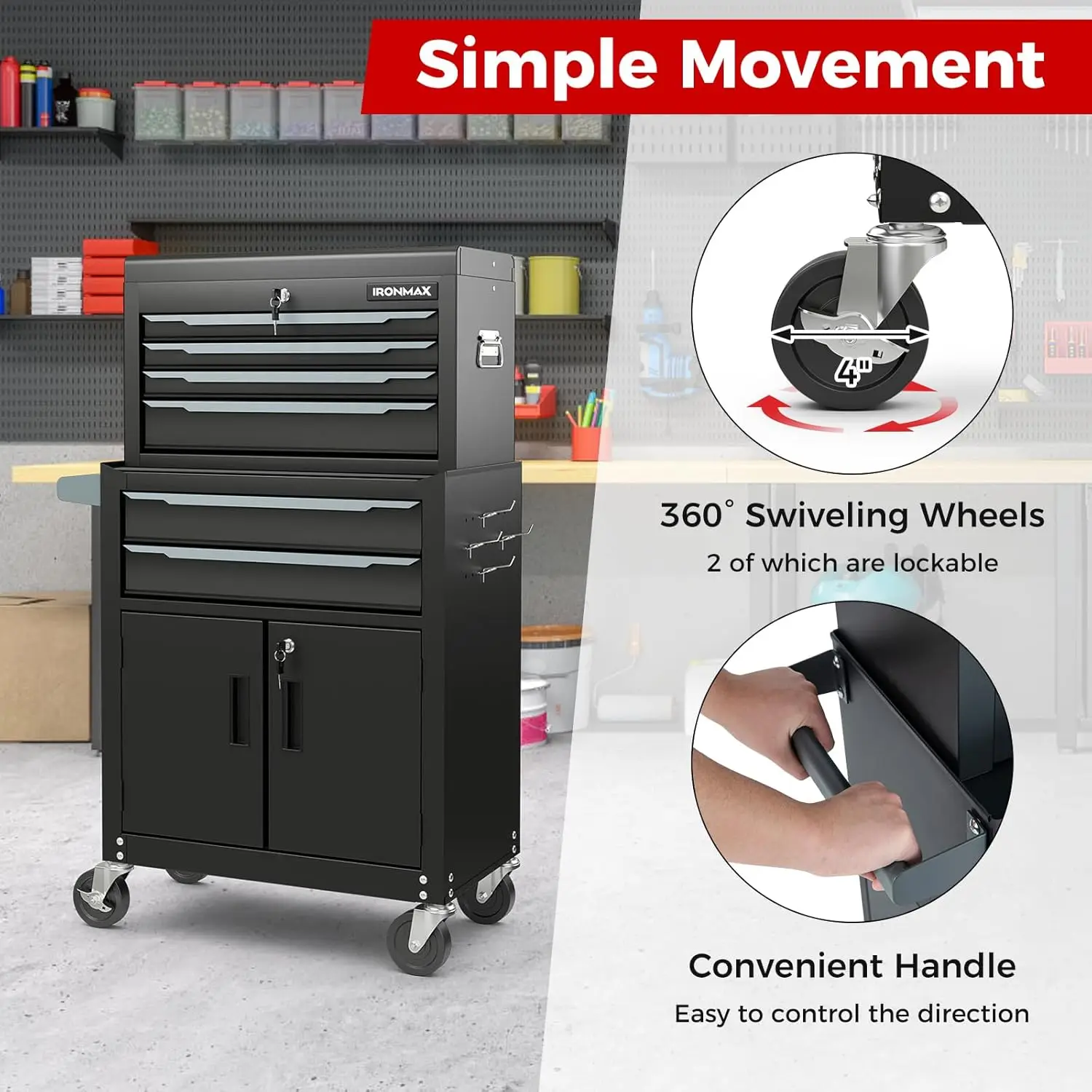 Tool Chest 6 Drawers Extra Large Rolling Too Storage Cabinet with 4” Universal Lockable Wheels Auto Lock Protective Liner 4