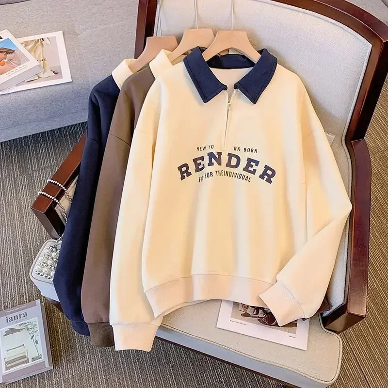 

2023 Spring Autumn Loose Tops Letter Print Female Casual Polo Shirt Women Sweatshirt Fashion Turn-down Collar Pullovers