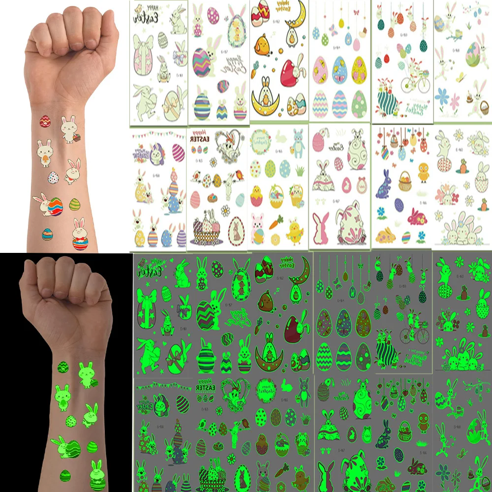 

12 Sheets Luminous Easter Bunny Eggs Temporary Tattoo for Kid Child Arm Face Glowing Tattoo Sticker Easter Party Decoration