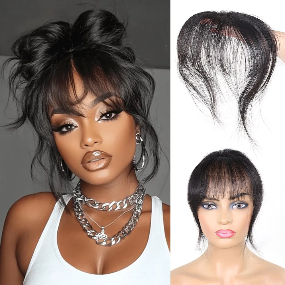Clip di capelli umani veri in frangia per le donne Frangia d'aria sottile con templi Frangia finta Estensioni dei capelli Parrucchino marrone nero