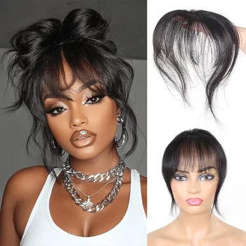 Clip di capelli umani veri in frangia per le donne Frangia d'aria sottile con templi Frangia finta Estensioni dei capelli Parrucchino marrone nero