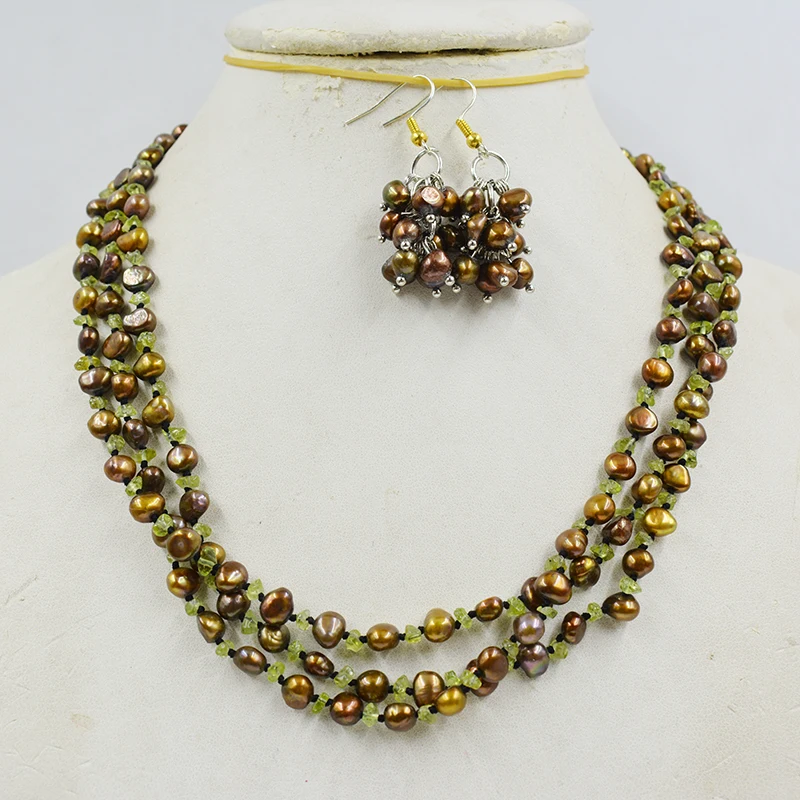 

The last one. 6-7MM 3-strand natural Baroque pearls/stones. Handwoven Classic Women's Necklace/Earring Set 18”
