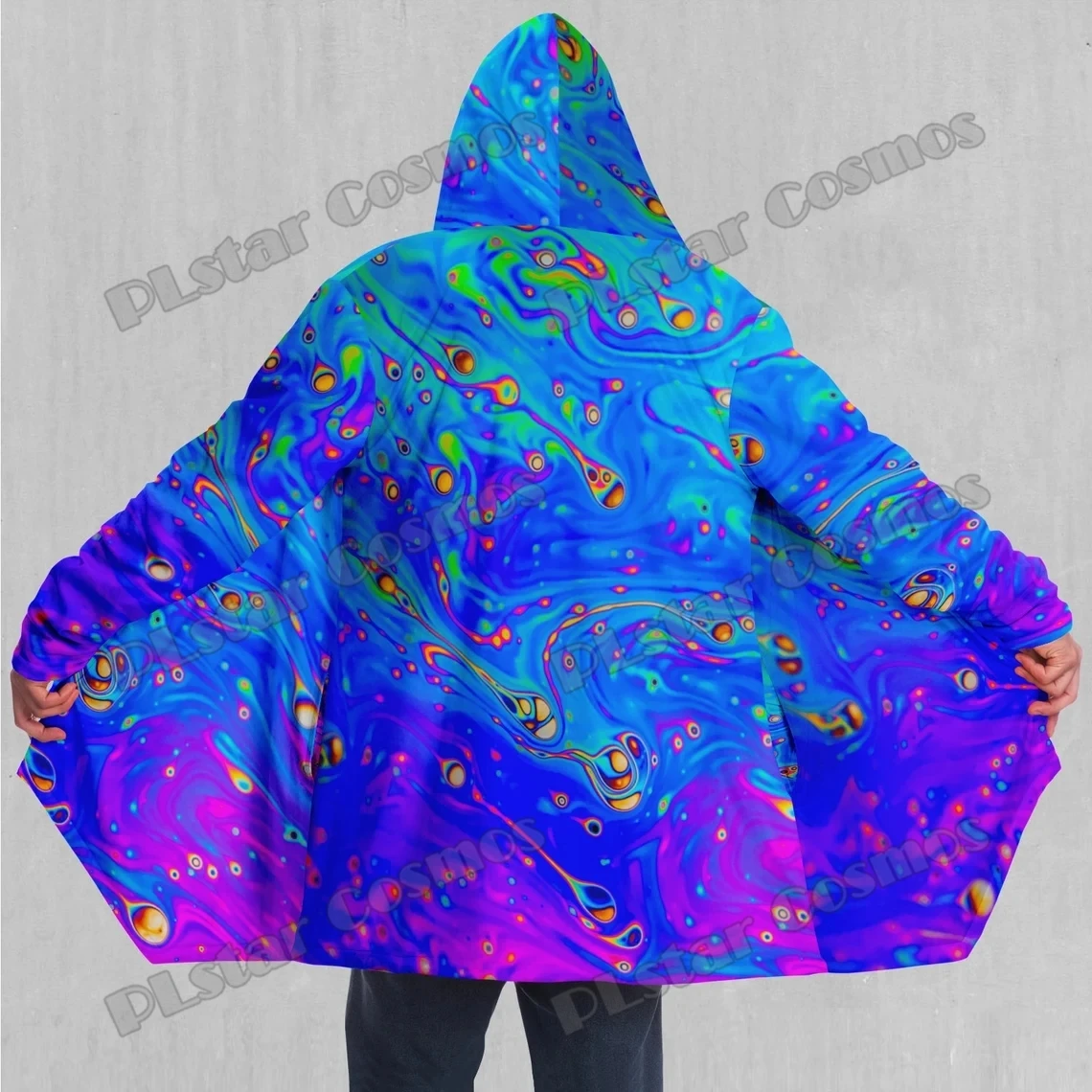 Liquified Psychedelic Abstract Colorful 3D Printed Mens Sherpa Lined Hooded Cloak Winter Unisex Casual Thick Warm Cape Coat DP81