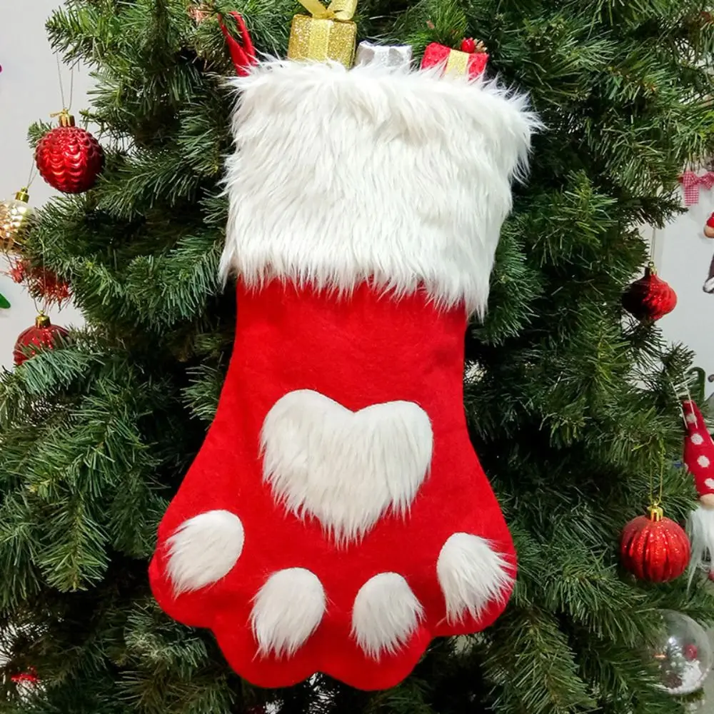 

Dog Paw Christmas Stocks Long Hair Home Decor Christmas Tree Decoration Red Grey Plush Stockings Storage Bags Christmas Tree