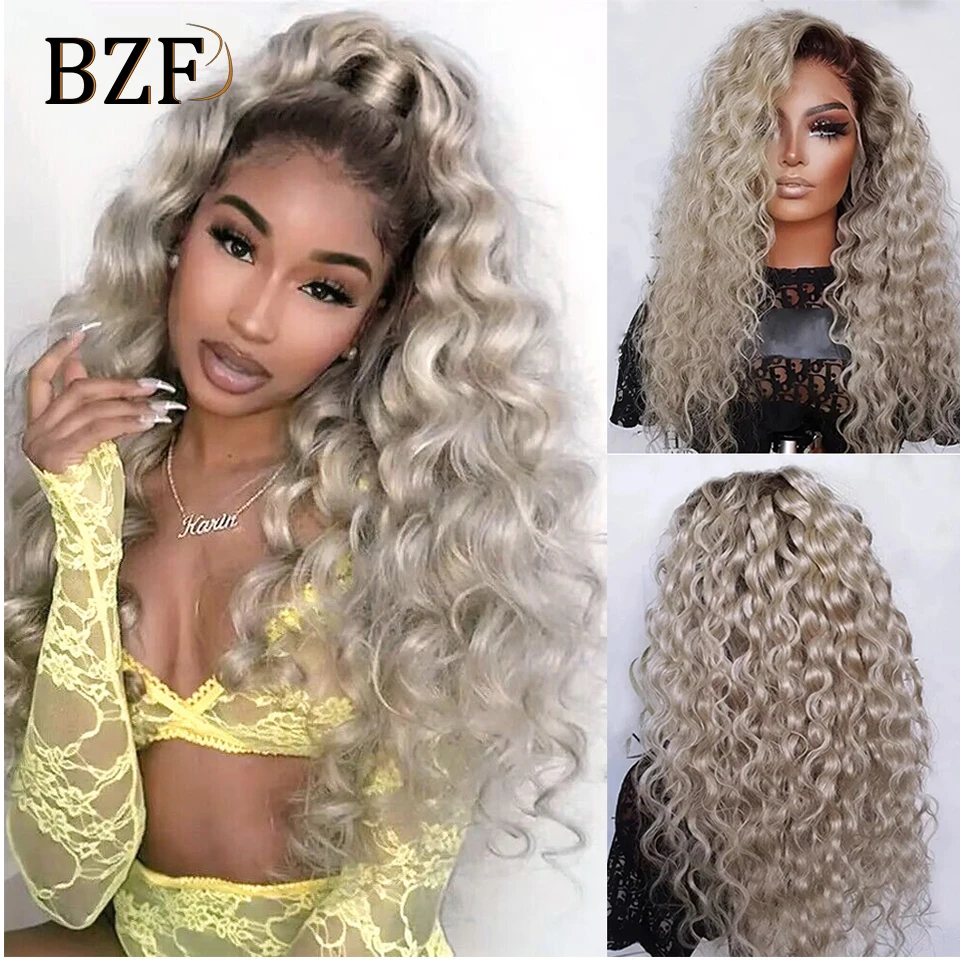 180 Density Ash Blonde Lace Front Synthetic Wigs Deep Wave Curly Wig For Women Cosplay Blonde Wig Heat Resistant Daily Use