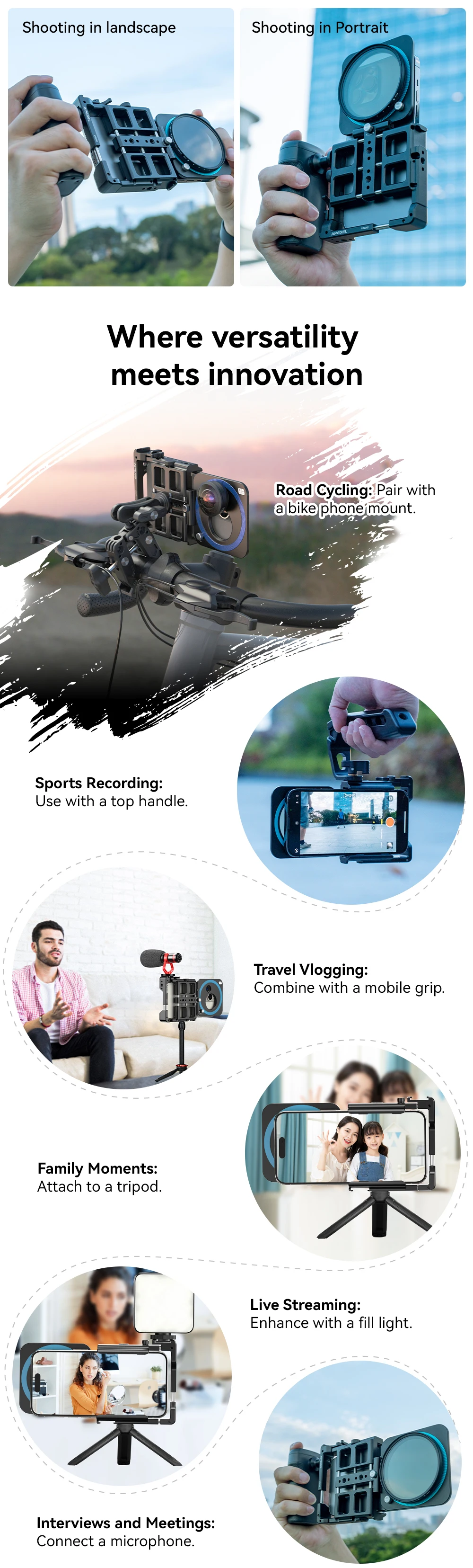 Universal Metal Phone Rig Video Kit Handheld Smartphone Vlog Cage with Rechargea