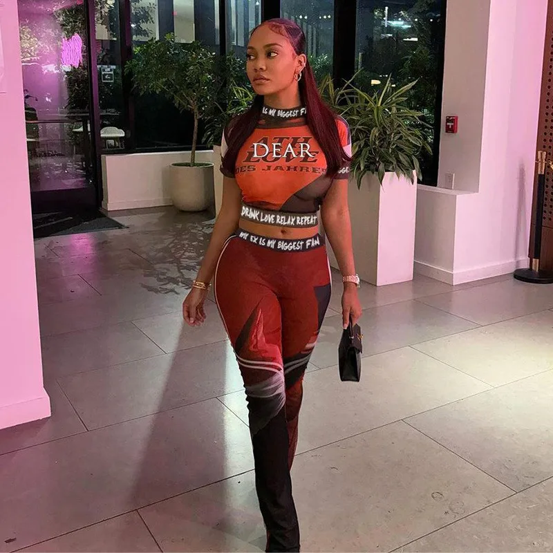 2024 Summer Mesh See Through 3D Printed 2 Piece Set Women O Neck Short Sleeve Crop Tops Contrast Colors Pants Casual Streetwear