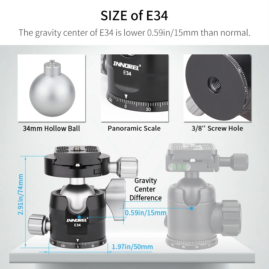 E34/E40 Professional Tripod Ball Head Low Profile Gravity Center Panoramic Ballh