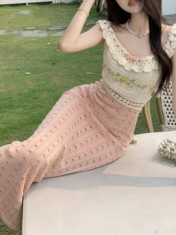 

French High Street Sexy Square Neck Sleeveless Open Back Women Strap Free Dress with Sweet Hook Flower Hollow Design Dresses