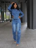 CM.YAYA Washed Denim Women's Set Full Sleeve Button Fly Jacket and Pockets Cargo Jeans Pants Suit 2024 Two 2 Piece Set Outfit 2