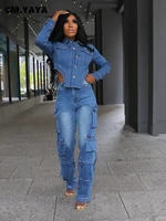 CM.YAYA Washed Denim Women's Set Full Sleeve Button Fly Jacket and Pockets Cargo Jeans Pants Suit 2024 Two 2 Piece Set Outfit 2