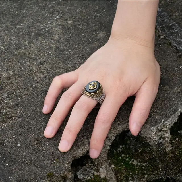Anello Uomo In Argento Sterling 925 Con Agata Yemen - Stile Ottomano Intagliato A Mano - Foto 7
