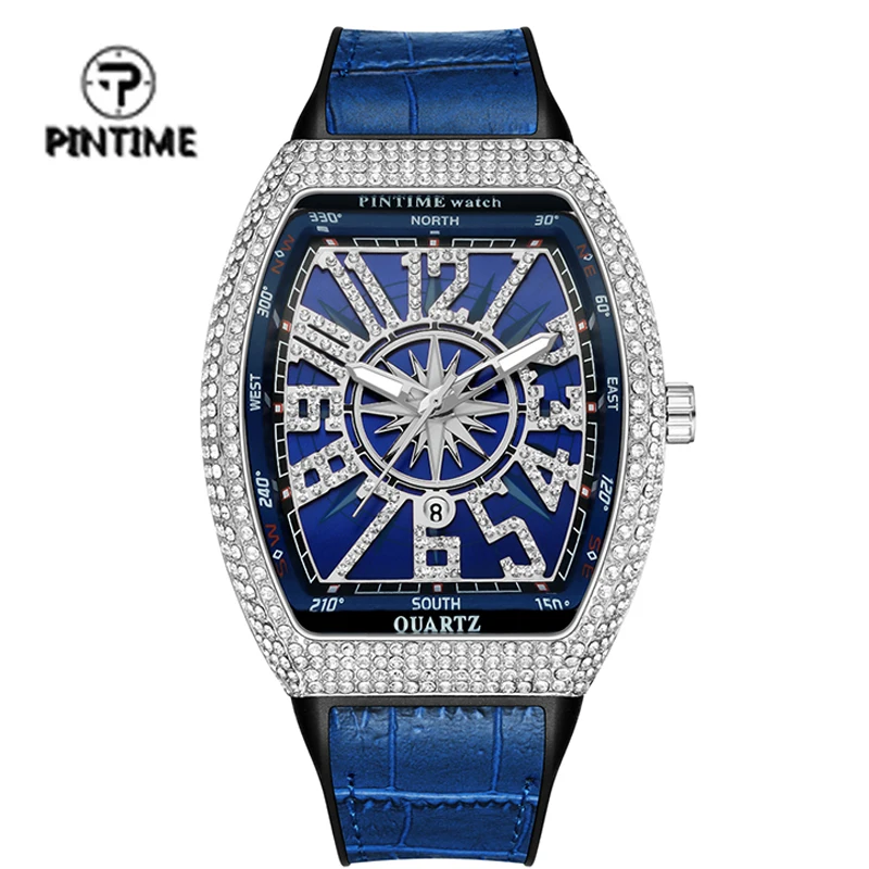 PINTIME Diamond Watch for Men Women Couple Quartz Wristwatch Tonneau Iced Out Full Stone Girl Reloj Hombre Relogio Masculino