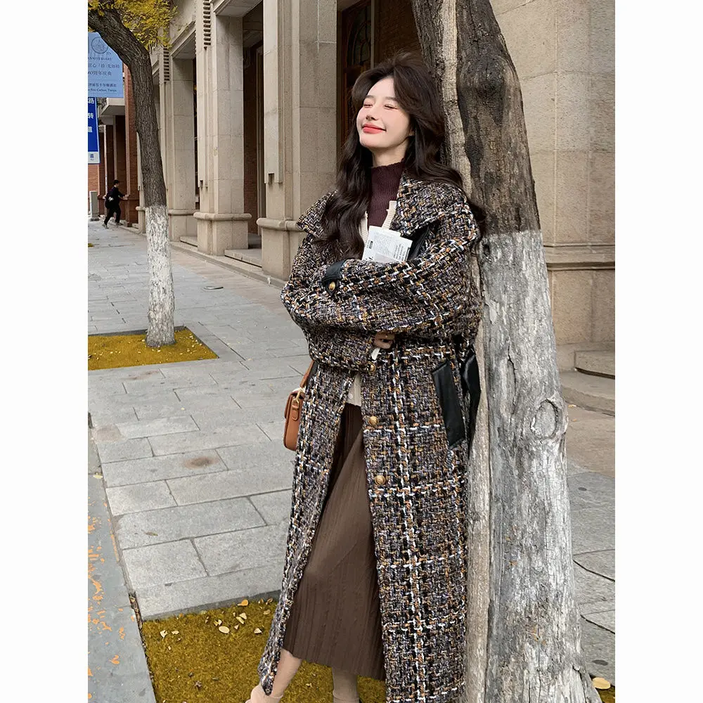 Korea Woolen Jackets Women'S Winter New Outwear Retro Temperament Outcoat Long Knee-Length Wool Coat Female Top pink wool plaid woven striped tweed short jacket women french style temperament round neck single breasted high grade jackets