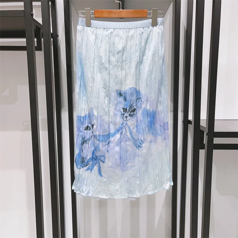 

2023 Summer New High Waist Kitty Print Satin Women Pleated Mid Length Skirt