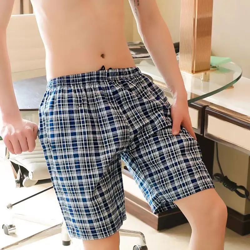 mens underwear boxer shorts casual cotton sleep bottoms plaid loose homewear men arrow pants breathable male sleepwear shorts Boxer Men Underwear Cotton Man Shorts Breathable Plaid Woven Short Pants Male Underpants Plus Size Loose Mid-Rise Sleep Bottoms