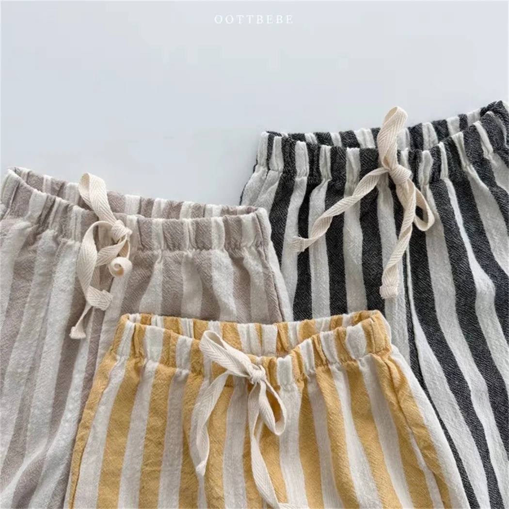 Vintage Linen Cotton Stripe Pants for Boys Casual Pocket Design Elastics Waist Pants for Toddler Girl Clothing Children Trousers 5