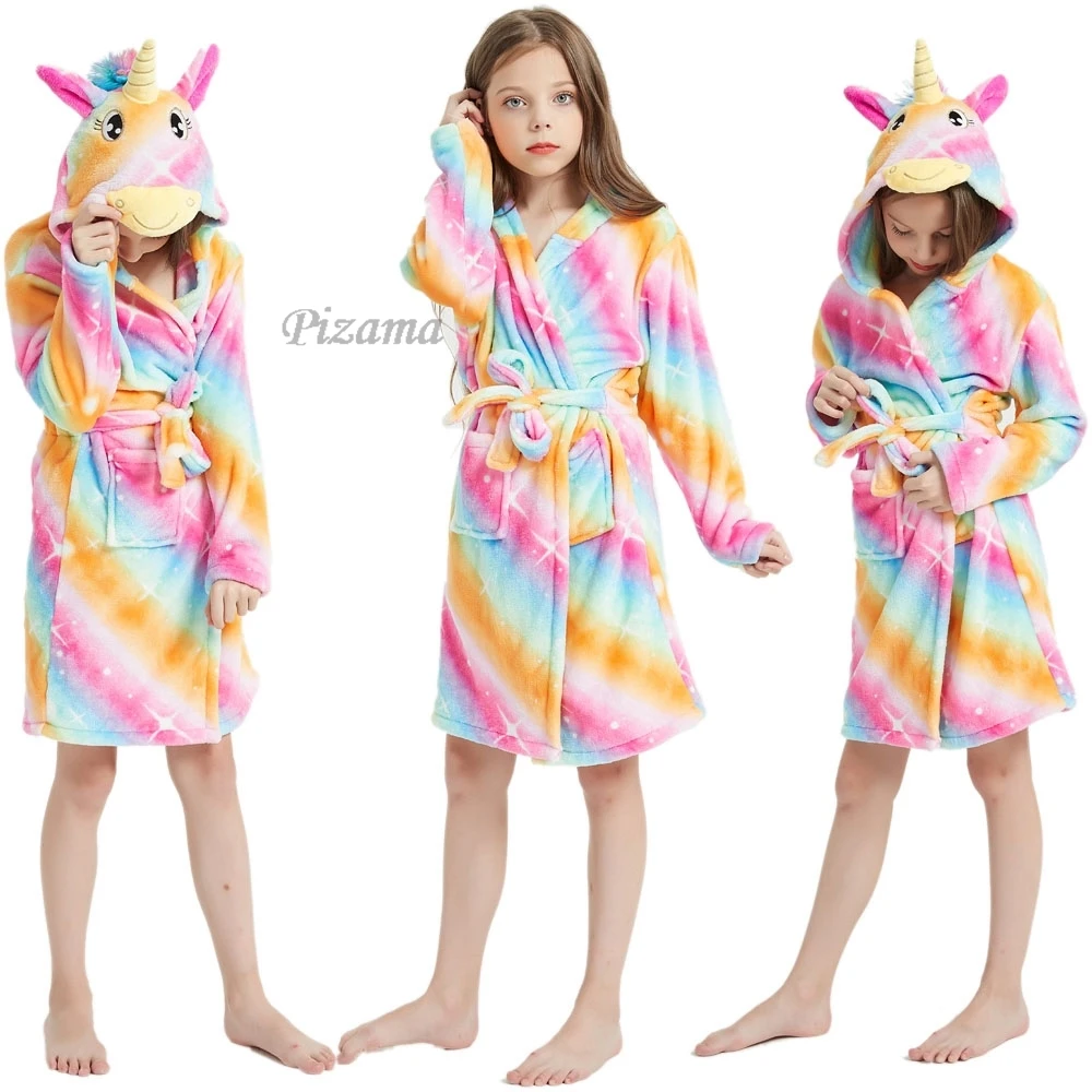 Girl Hooded Bathrobe Cartoon Unicorn And Rainbow Pattern Flannel Soft Warm Pocket Waistband Long Robe Pajamas Children Pajamas