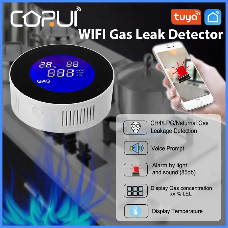 

CoRui Smart WiFi Wireless Gas Detector DC5V Natural Gas Combustible Gas Leakage Gas Detector APP Monitoring Powered by Micro USB
