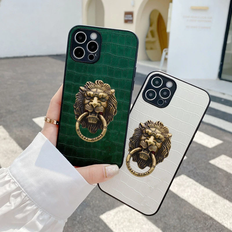 3D Embroidery Tiger Head Aesthetic Case for iPhone 12 11 13 Pro Max XS 8 7  Plus X Luxury Brand Crocodile Texture Leather Cover