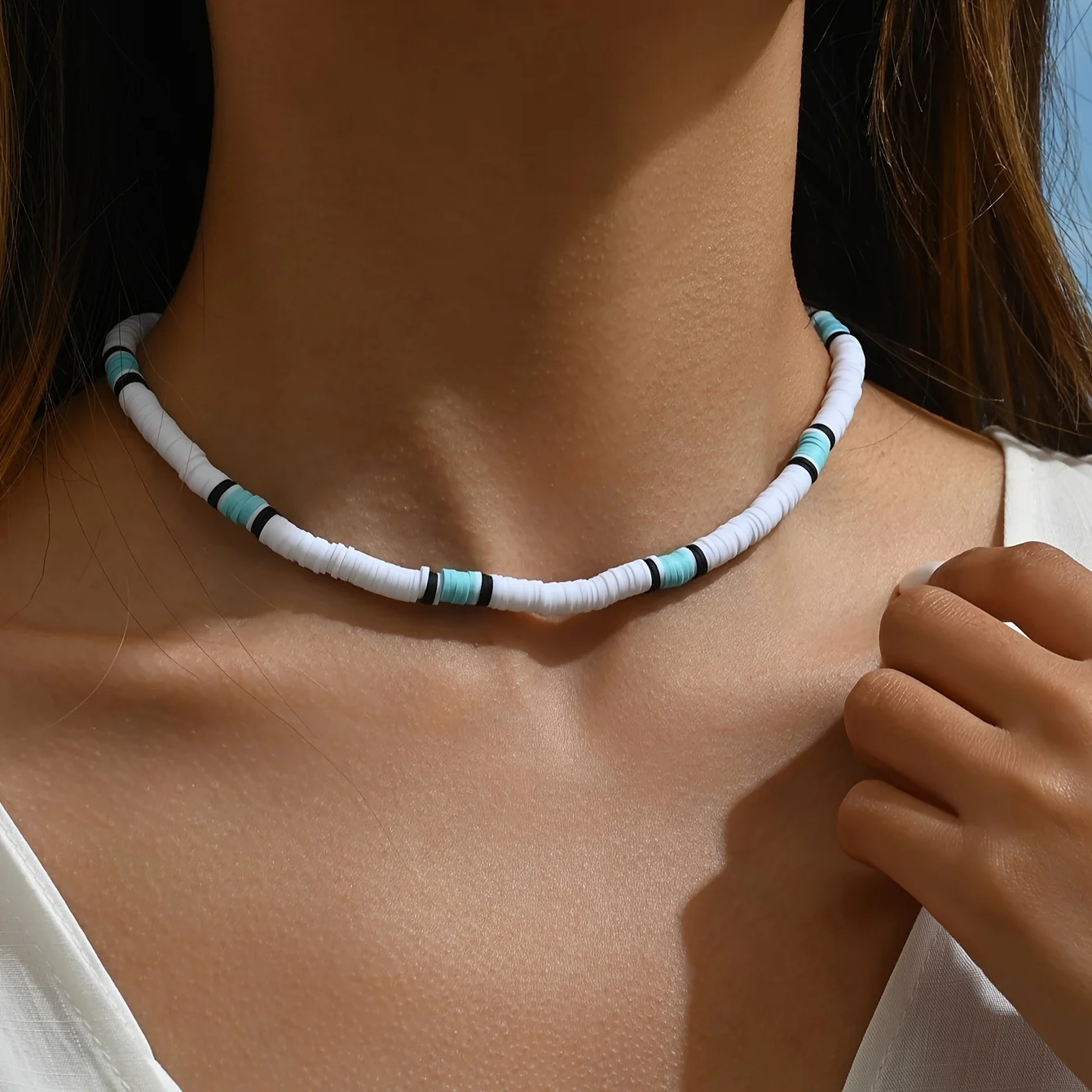 Womens Bohemian Handmade Polymer Clay Beaded Choker Necklace
