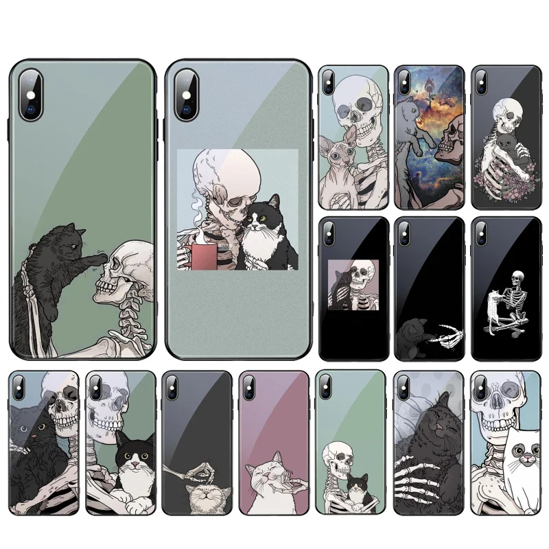 

Skeleton Cat Glass phone case For iphone 15 14 13 Pro Max 12 11 Pro Max XS Mobile Phone Case Funda