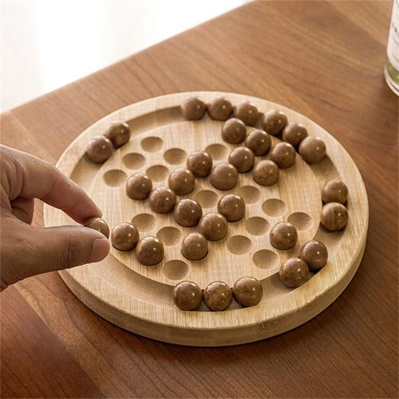 New Disk Wood Peg Solitaire Board Game Set Educational Toy Handmade