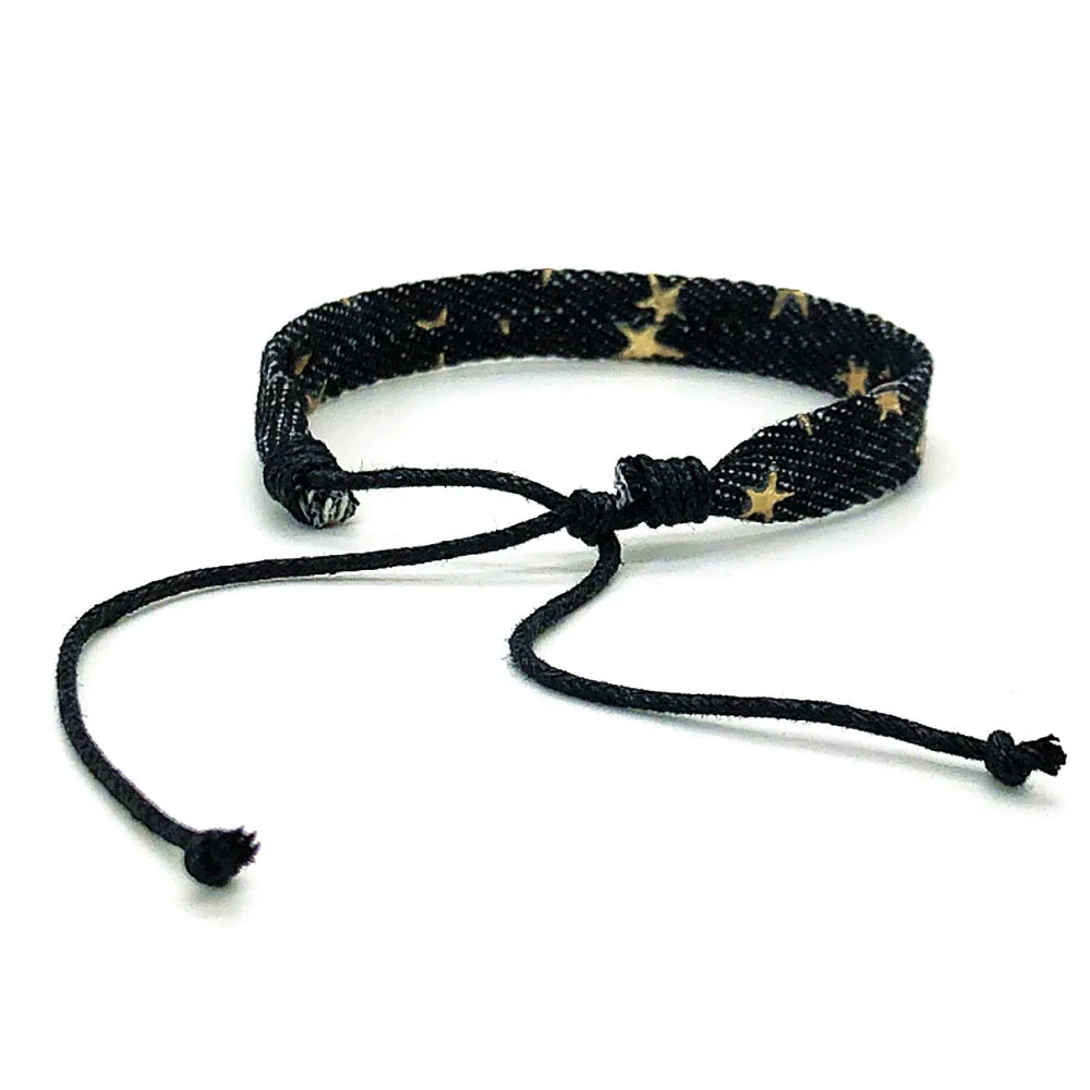 Vintage Star Pattern Denim Fabric Bracelet Handwoven Wrist Strap Jewelry for Women Men