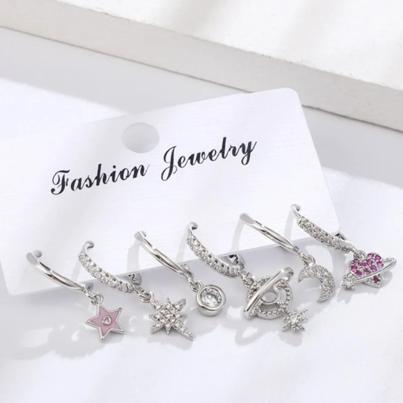 6Pcs/set Geometric Star Moon Rhinestones Hoop Earrings Sets for Women Colorful Zircon Earrings Fashion Jewelry Gift