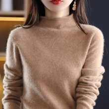

Seamless One-Piece Garment 100% Wool Knitted Sweater Women's Hhalf Turtleneck Loose Pullover 2022 Spring Autumn Women's Clothing