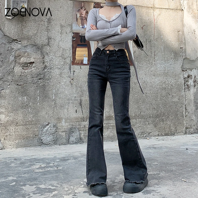 

ZOENOVA 2024 Spring Summer Fashion Women's High Waisted Wide Leg Boot Cut Pants Black Raw Edge Casual Retro Ladies Flared Jeans