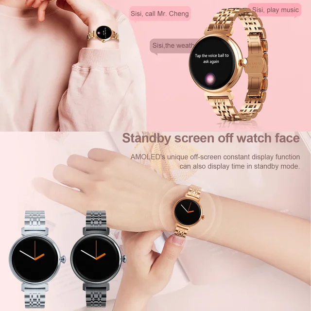 1.04 inch AMOLED Screen Fashion Ladies Smart Watch Screen Always Display Bluetooth Call Smartwatch Metal Body Small Screen Watch 5