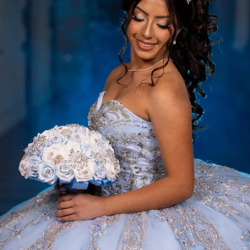 Lorencia Shiny Blue Quinceanera Dress Ball Gown Silver Lace Applique Beading Corset Sweet 16 Gown Vestidos De 15 A&ntilde;os YQD766