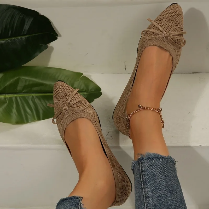 New Women's Knitted Slip on Flats Breathable Comfortable Bowtie Walking Shoes Casual Pointed Toe Walking Sneakers Loafers 6