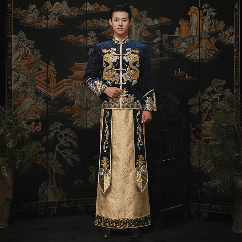 Blue Xiuhe Chinese triditional red long sleeves Groom's Wear Men's Dragon Phoenix Gown Fringed Top Tang Suit Wedding Dress