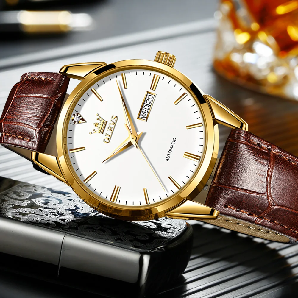 OLEVS New Business Mens Mechanical Watches Waterproof Genuine Leather Brand Luxury Automatic Wristwatch Clock Relogio Masculino