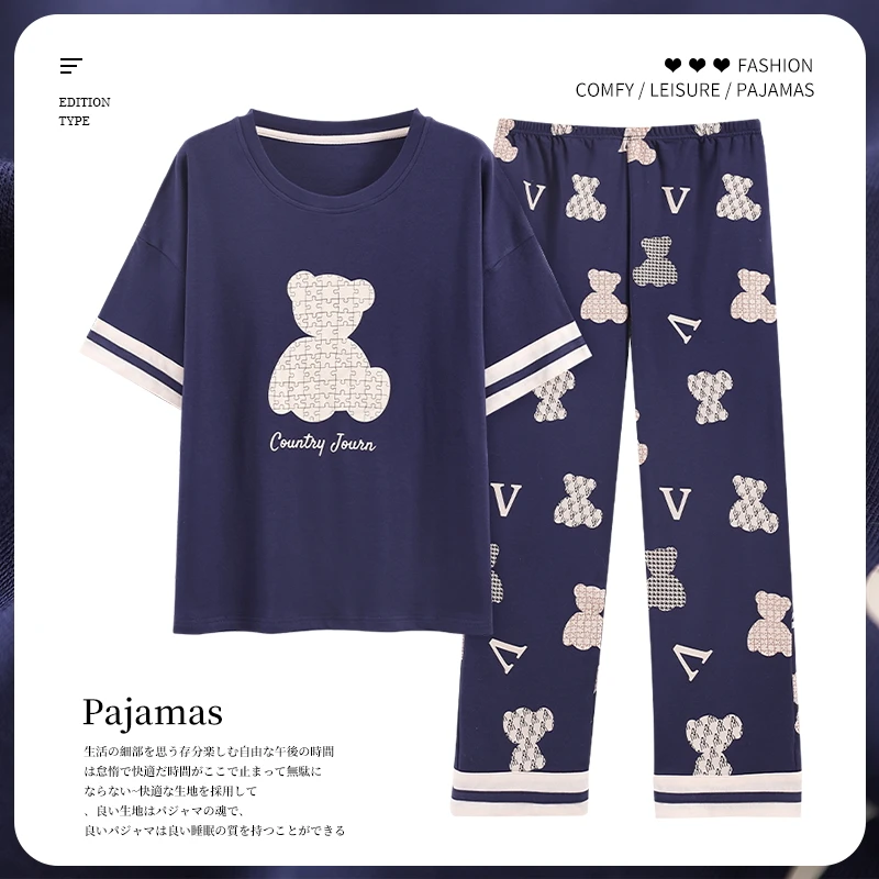 

Girl Cotton Pijamas 4XL 5XL Summer Pajamas Set for Women Cats Loungewear Short Sleeve Long Pants Lady Pajamas Cartoon Sleepwear