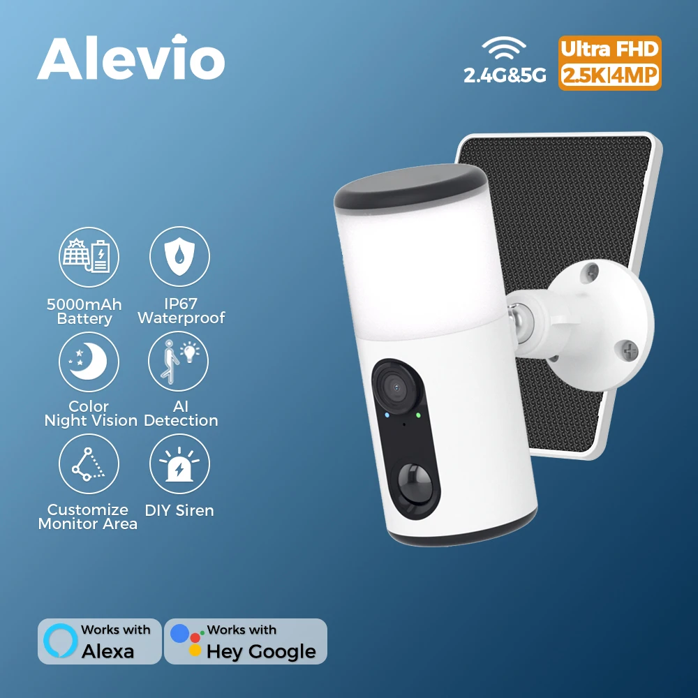 ALEVIO 태양광 카메라 WIFI 야외 무선 보안 카메라 초장시간 대기 컬러 비전 AI 감지 2.5K 배터리 플러드라이트 카메라