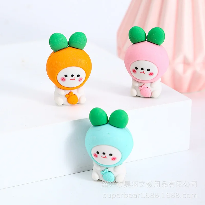 1 Piece Cartoon Cute Radish Rabbit Rubber Eraser For Kids Novelty Stationery Office School Supplies pencil eraser retractable eraser kneadable eraser biscuit eraser plasticine eraser