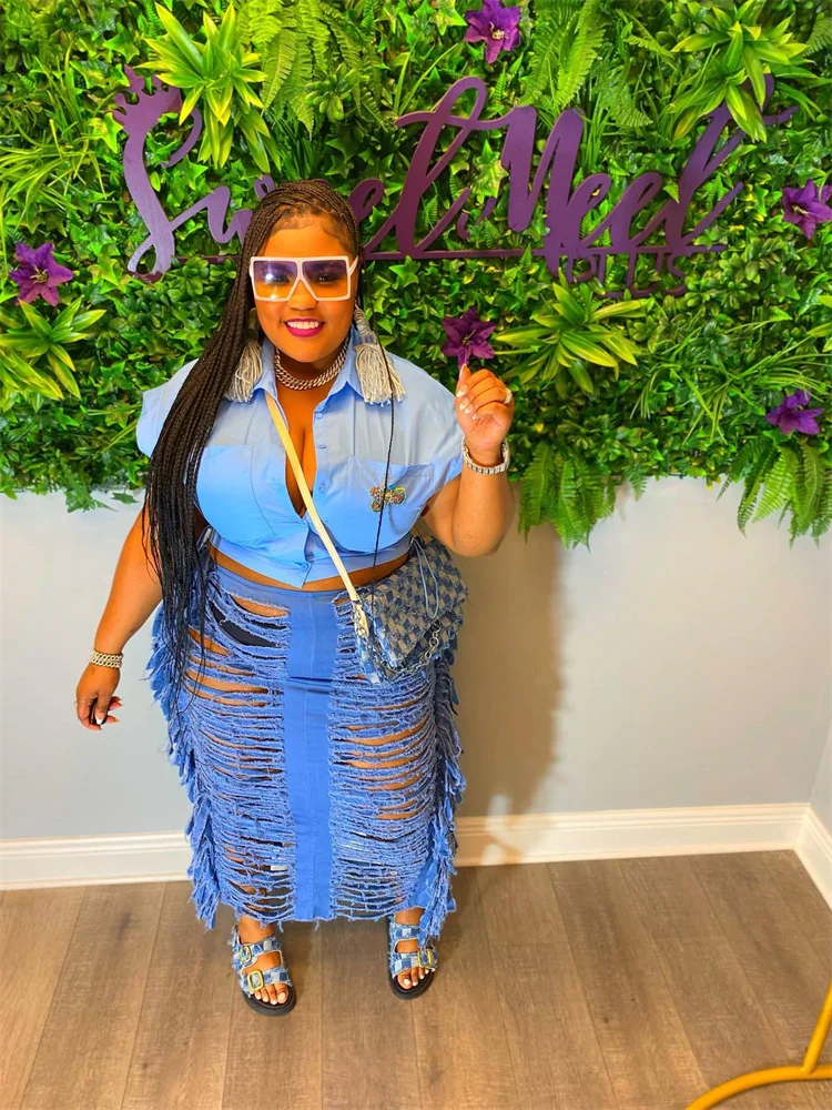 Wmstar Women Skirt Summer Trendy Sexy Vintage High Waist A- line Bodycon Personalized Slimming Slit Fringe Denim Lady Dresses