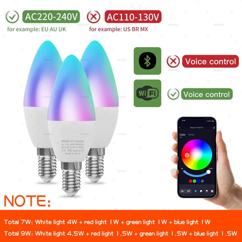 Smart LED Light Bulbs TUYA Bluetooth WIFI Candle E14 RGBCW