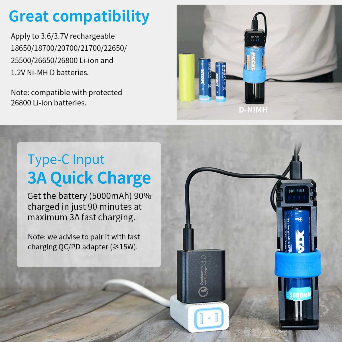 Battery Charger XTAR 26800 QC PD USB C 3A Fast Charging