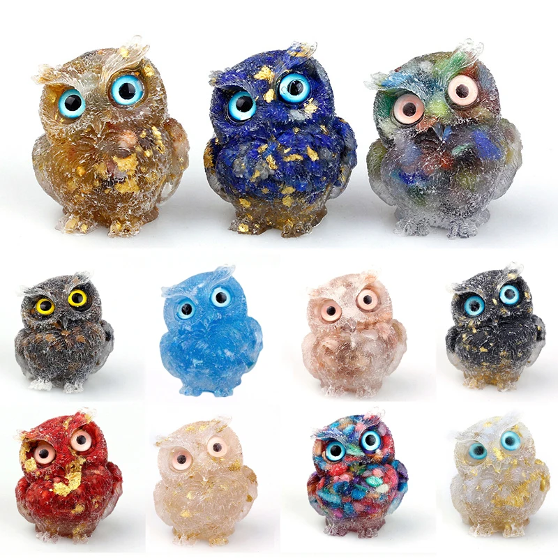 1Pc Cute Natural Crystal Stone Gravel Owl Animal Crafts Hand Made Small Figurines DIY Resin Table Decor Home Decor Collect Gifts