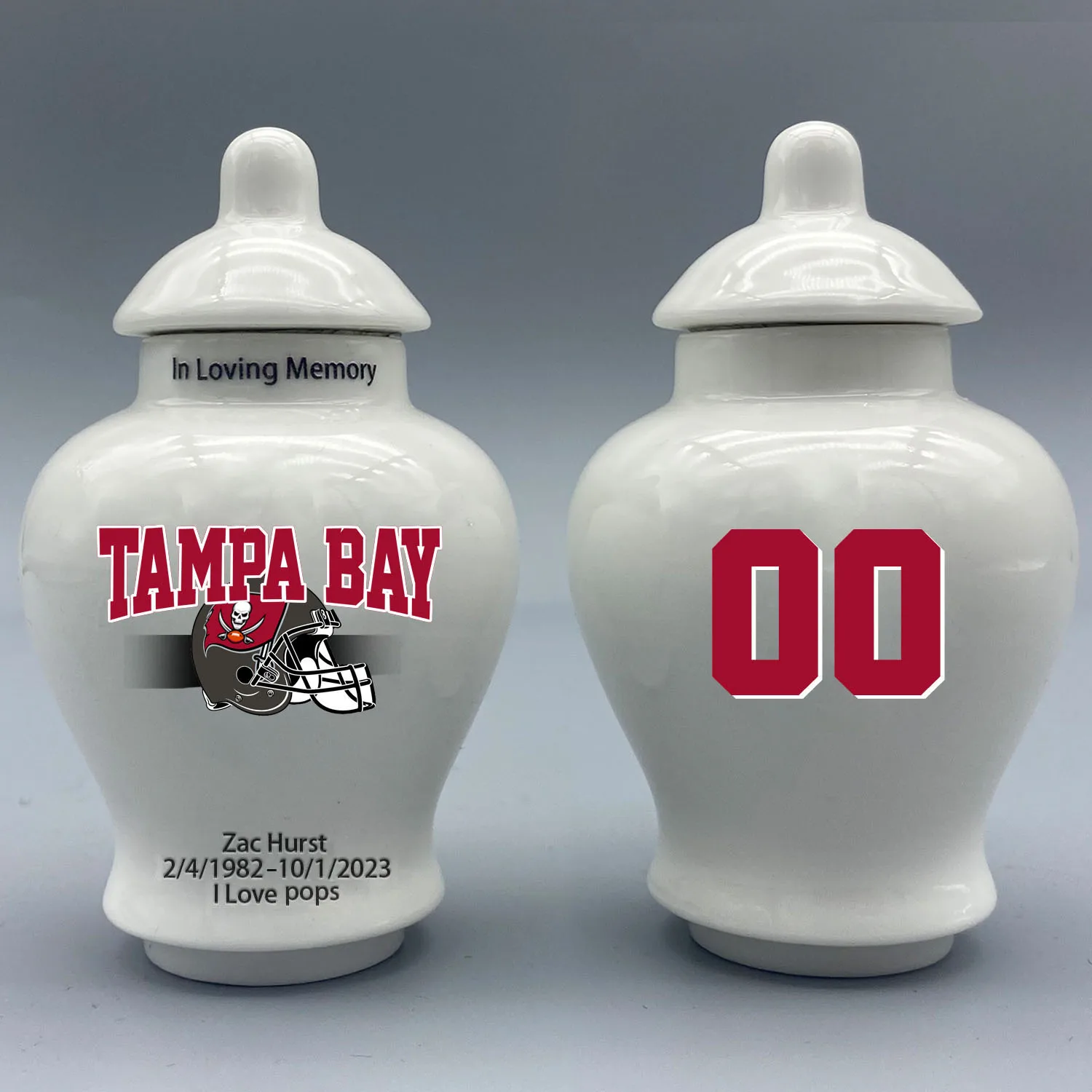 

Mini Urn for Tampa Bay Buccaneers Custom Urn.Send me the name/date and number you want to appear on the urn by Remarks Message.