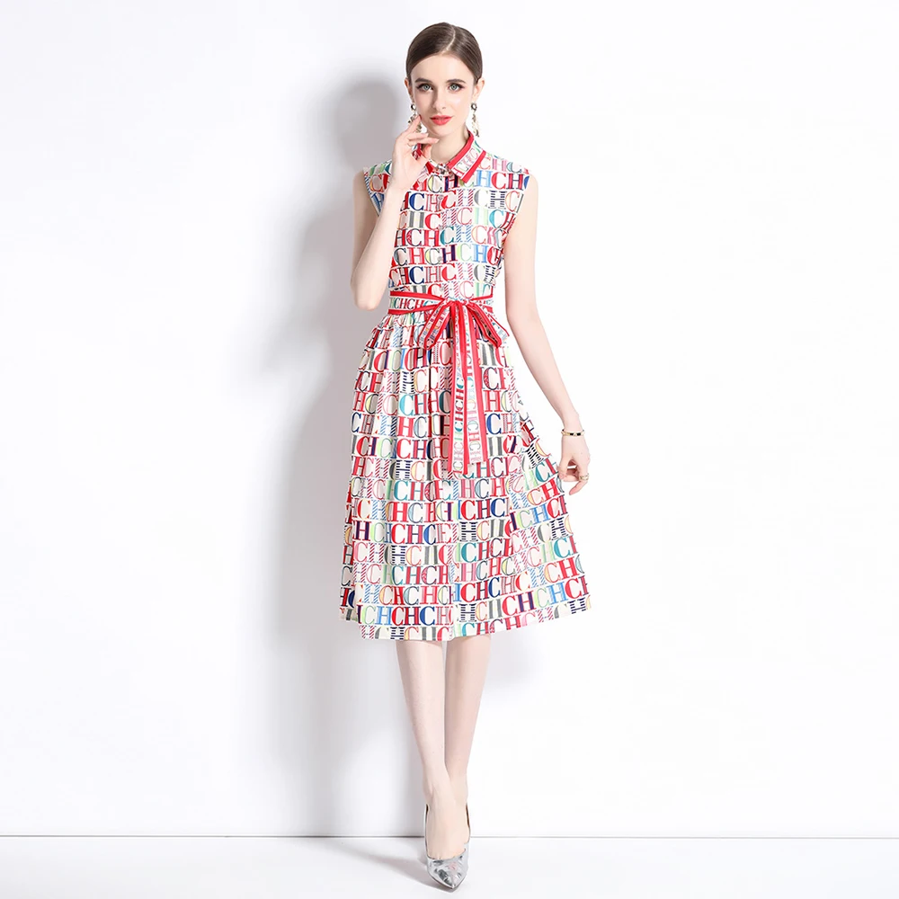 

Summer Fashion Runway Letter Print Shirt Dress Women's Lapel Sleeveless Single Breasted Belt Lace Up A-Line Midi Vestidos M2068