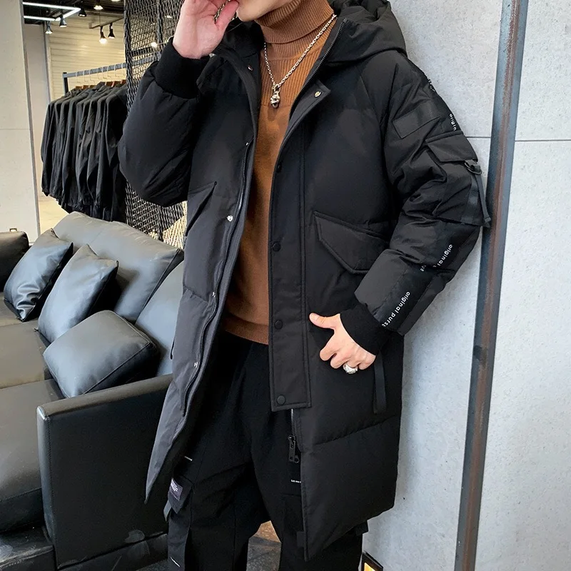 Down Coat Winter Men Korean Style White Duck Down Hooded Jacket Mid-long Stylish Outerwear Thick Warm Male Clothes