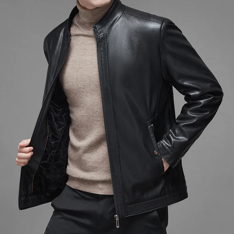 Brand men's autumn winter leather jacket/plush thickened middle-aged leather coat warm and windproof man artificial leather Tops leather jacket with hoodie Casual Faux Leather