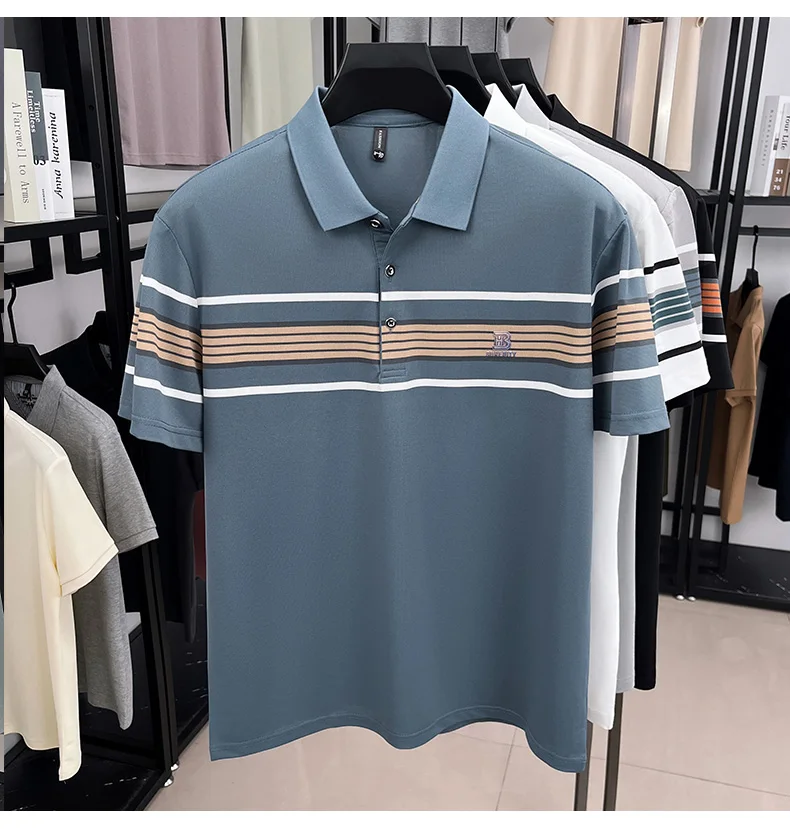 High end brand striped short sleeve polo shirt fashion exquisite letter embossed lapel casual comfortable breathable men T-shirt 15 Sd8b37928ae644718923cef858de90714z