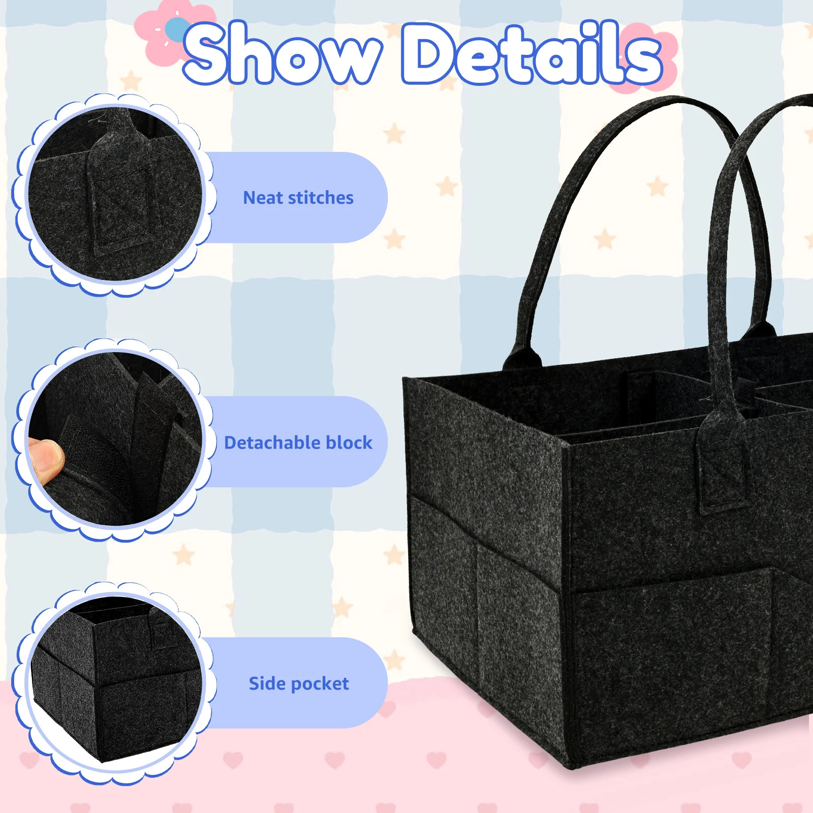 2Pcs Diaper Caddy Organizer Baby Felt Storage Basket with Dividers and Handle Large Capacity Portable Infant Diaper Bag for Baby