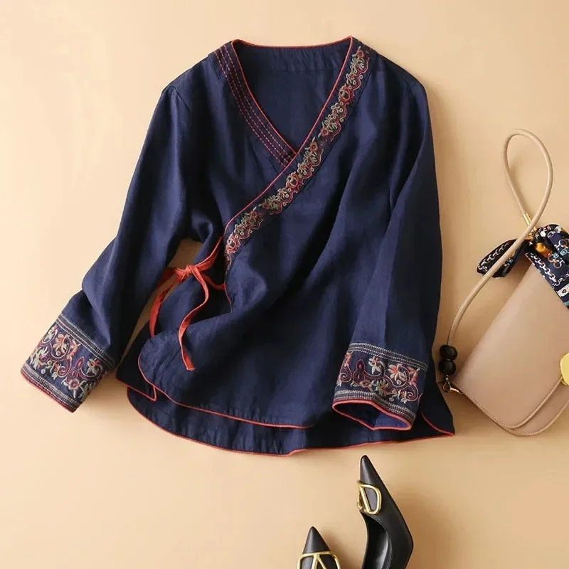 Women Chinese Shirt Cotton and Hemp Embroidery Summer Loose Comfortable Hanfu Top